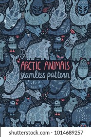 Arctic animals seamless pattern - puffin, bear, hare, fox, whale, narwhal, seal. Beautiful ornamental wild creatures with floral illustrations. Tile able design for fabric textile or wrapping paper.