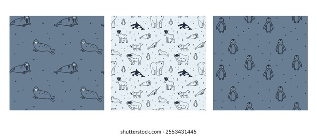 Arctic animals seamless pattern set. Doodle Polar birds and mammals. Northern cute inhabitants. Textile, wrapping paper, wallpaper design. Print for fabric Cartoon flat isolated north fauna background