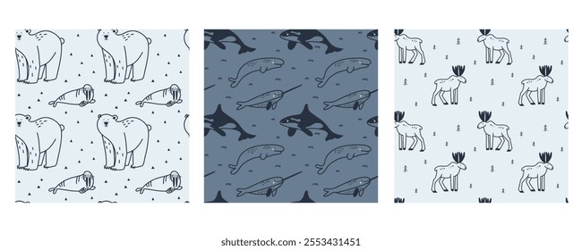 Arctic animals seamless pattern set. Doodle Polar birds and mammals. Northern cute inhabitants. Textile, wrapping paper, wallpaper design. Print for fabric Cartoon flat isolated north fauna background