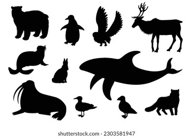 Arctic animals set, black silhouettes - flat vector illustration isolated on white background. Various North Polar animals - polar bear, snowy hare, penguin, walrus and moose. Kids education.