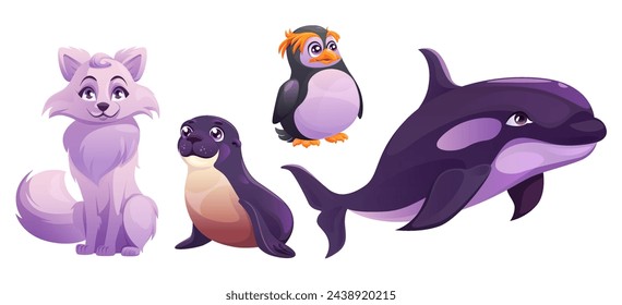 Arctic animals set isolated on white background. Vector cartoon illustration of whale, penguin, navy seal and white fox characters living on land and in water, north pole wildlife design elements