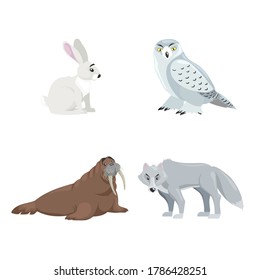 Arctic Animals Set. Polar Hare, Snow Owl, Walrus And Polar Wolf. Cartoon Flat Design. Vector Illustrations Isolated On White Background.