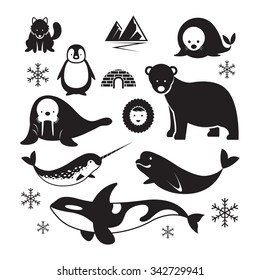 Arctic Animals Silhouette Set, Winter, Nature Travel and Wildlife