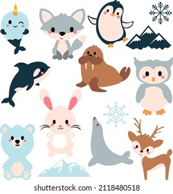 arctic animals svg vector Illustration isolated on white background. Pegnuin walrus svg fur seal svg rabbit bear fox dolphin svg. winter illustrarion. Vector collection of polar animals svg