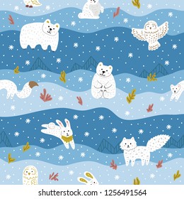 Arctic animals with white fur. Cute seamless pattern for kid's clothes, fabric. Blue and white colors. Vector illustration