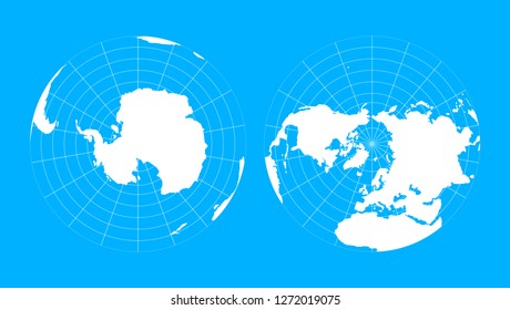 Arctic And Antarctic Globe Hemispheres. World Map In Blueprint Style