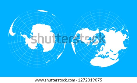 Arctic and antarctic globe hemispheres. World map in blueprint style