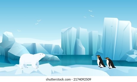 Paisaje ártico y antártico con adorable ilustración vectorial de oso polar y pingüinos. Animales de dibujos animados de los polos Norte y Sur en un paisaje helado de invierno con agua y iceberg, con fondo de gaviota voladora