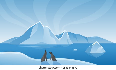 Arctic Antarctic landscape vector illustration. Cartoon marine life natural scene with iceberg, ice glacier and penguins standing next to blue sea or ocean water, scenic northern icy nature background