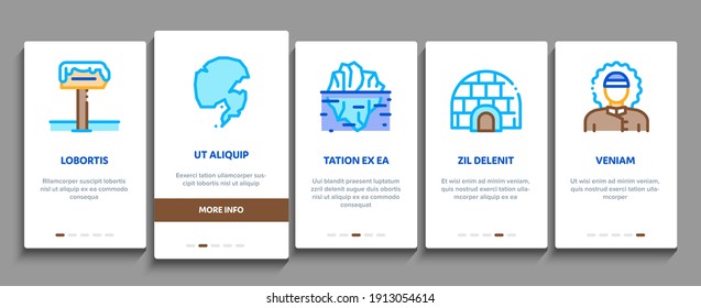 Arctic And Antarctic Onboarding Mobile App Page Screen Vector. Arctic Snow And Ice, Iceberg And Bear, Station And Ship, Penguin And Walrus Illustrations