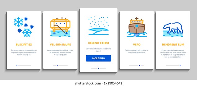 Arctic And Antarctic Onboarding Mobile App Page Screen Vector. Arctic Snow And Ice, Iceberg And Bear, Station And Ship, Penguin And Walrus Illustrations