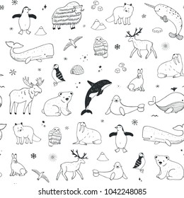 Arctic And Antarctic Polar Doodle Cartoon Vector Animals Seamless Pattern