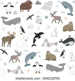 Arctic and antarctic polar doodle cartoon vector animals seamless pattern