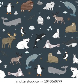 Arctic and antarctic polar doodle cartoon vector animals seamless pattern