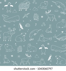 Arctic and antarctic polar doodle cartoon vector animals seamless pattern