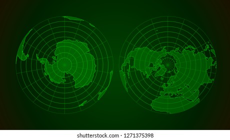 Arctic and antarctic poles globe hemispheres in military radar style