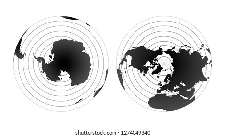 Arctic and antarctic poles globe hemispheres. World map view from space on white