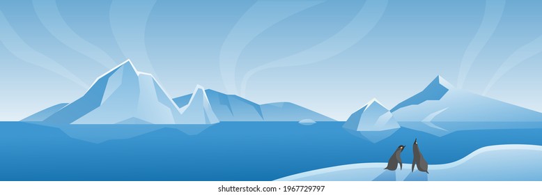 Arctic Antarctic wide landscape panorama vector illustration. Cartoon marine life natural scene with iceberg, ice glacier and penguins, scenic northern icy nature background