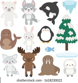 Arctic and Antarctic wild animal vector set. Adorable winter animals clip art. Cute flat style character illustrations. Wildlife cartoon collection. Polar bear, arctic fox, snowy owl, orca, penguin.