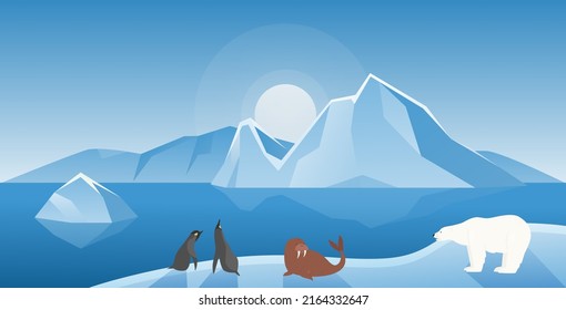 Arctic or Antarctica winter landscape with cute animals vector illustration. Cartoon funny polar bear, penguins and walrus floating on ice floe background. North and South Pole abstract nature concept