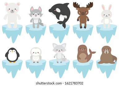 Arctic and Antartic wild animal vector set. Adorable winter animals clip art. Cute flat style character illustrations. Wildlife cartoon collection. Polar bear, arctic fox, snowy owl, orca, penguin.