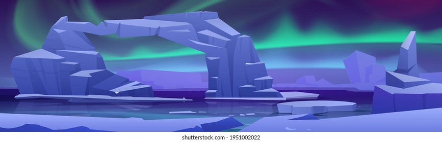 Arctic aurora borealis at North Pole landscape with ice glaciers on frozen ocean. Arctic or Polar lights natural phenomena, iridescent glowing illumination on night sky, Cartoon vector illustration