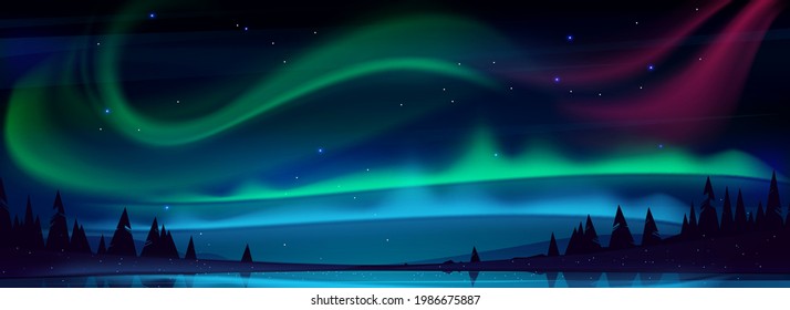 Arctic aurora borealis over night lake in starry sky, polar lights natural landscape. Northern amazing iridescent glowing wavy illumination shining above water surface, Cartoon vector illustration