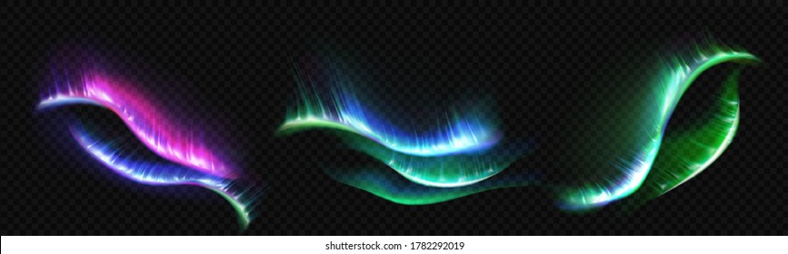 Arctic aurora borealis, polar lights, northern natural phenomena isolated on dark background. Amazing iridescent glowing wavy illumination on night sky, shining. Realistic 3d vector illustration, set