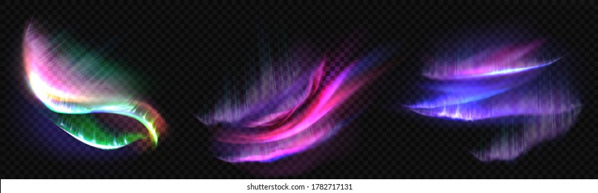 Arctic aurora borealis, polar lights, northern natural phenomena isolated on dark background. Amazing iridescent glowing wavy illumination on night sky, shining. Realistic 3d vector illustration, set