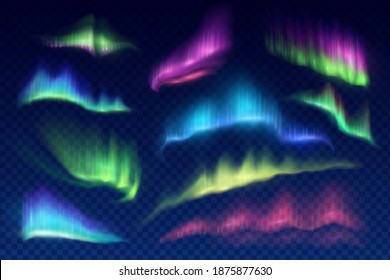 Arctic aurora borealis, vector polar lights, northern natural phenomena isolated on transparent background. Amazing iridescent glowing wavy illumination on night sky. Realistic 3d shining aurora set