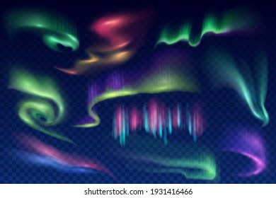 Arctic aurora borealis, vector polar lights, northern natural phenomena. Amazing iridescent glowing wavy illumination on night sky isolated on transparent background. Realistic 3d shining aurora set