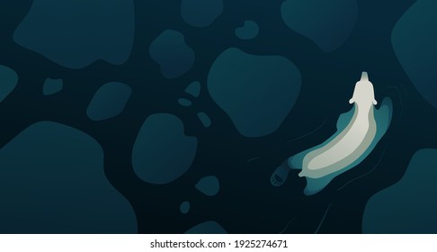 Arctic Bear swimming in the blue ocean near melted ice. Horizontal background with white polar bear for poster, banner or web design. - Vector illustration 