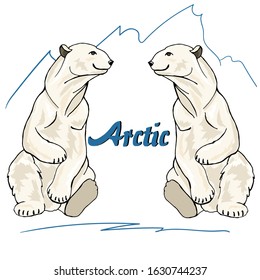 Arctic bears on the background of a mountain silhouette