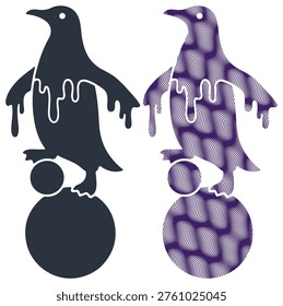 Arctic bird standing on circles, melting penguin character design, abstract winter animal.