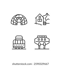 Arctic buildings icons. Minimalist Arctic architecture icons in a modern line-art style. Iceberg, Igloo icon. Design signs for web page, mobile app, packaging design. Vector illustration.