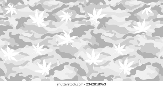 Arctic camouflage pattern for clothing design. Trendy camouflage military pattern with cannabis leafs	