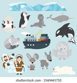 Arctic cartoon Flat style character illustration set