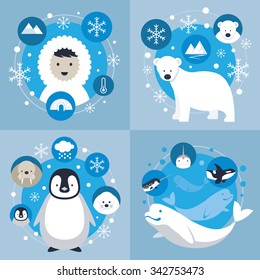 Arctic Characters and Icons Set, Winter, Nature Travel and Wildlife