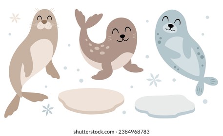 Arctic clipart with seal and sea lion in cartoon flat style. Vector illustration