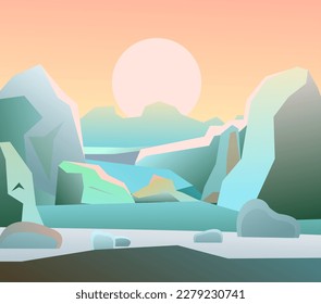 Arctic cold. Sunrise in fog. Winter landscape. Harsh cold nature. Snow and ice frost. Cartoon fun style. Flat design. Vector