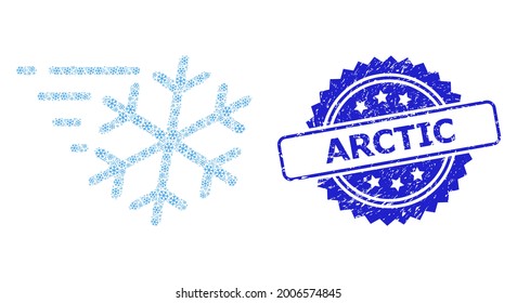 Sello corroído ártico y colaje fractal vectorial del viento helado. El sello azul incluye la leyenda del Ártico dentro de la roseta. El collage vectorial está diseñado a partir de pictogramas de viento de escarcha rotados dispersos.