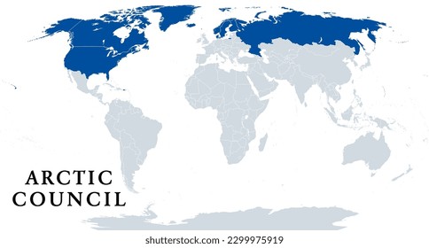 Arctic Council, member countries, political map. Forum of governments and indigenous people within the Arctic Circle. Canada, Denmark, Finland, Iceland, Norway, Russia, Sweden, and the United States.