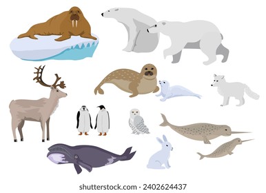 Arctic creature cartoon on blue background. Polar animals. Vector collection of polar animals and birds, including polar bear, seal, walrus, polar fox, reindeer, penguin.