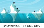 Arctic daytime landscape showing white icebergs floating in the ocean. Penguins roll off an iceberg like a slide and dive into the water. One penguin is swimming underwater. Vector. Wildlife scene 