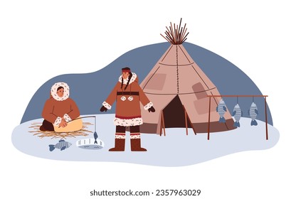 Personajes esquimales del Ártico pescando cerca de la cabaña de iglú, ilustración de vector plana de dibujos animados aislados en fondo blanco. Familia nativa esquimal que vive la vida tradicional.