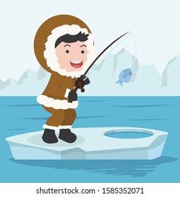 Arctic eskimo fishing on ice floe vector