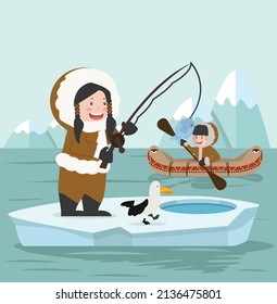 Eskimo ártico pescando en caricatura de un hito