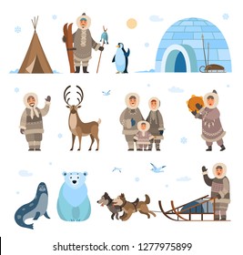 Arctic expeditions and discoveries North pole vector. Animals penguin and bear grizzly, husky and dogs with sledges, inuits and huts snowflakes snowfall