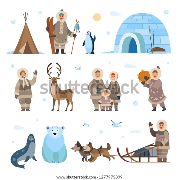Arctic expeditions and discoveries\
North pole vector. Animals penguin and bear grizzly, husky and dogs\
with sledges, inuits and huts snowflakes\
snowfall