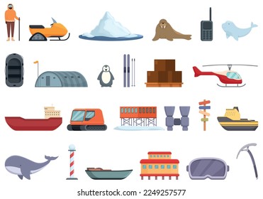 Arctic exploration icons set cartoon vector. Ice pole. Polar flag